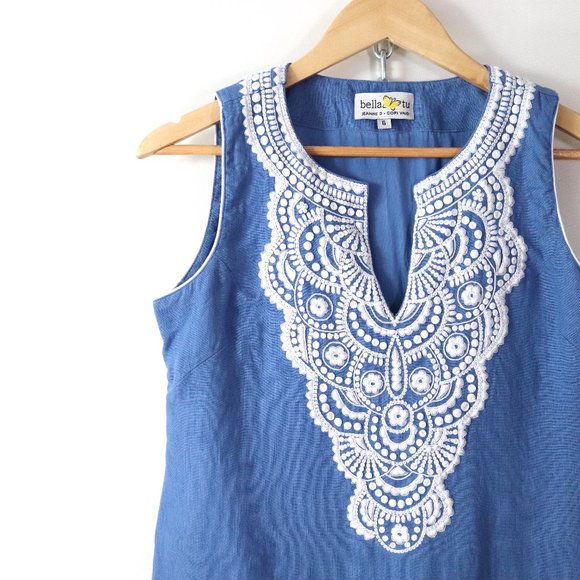 SOLD bella tu embroidered blue linen mini dress 6 - Picture 2 of 5